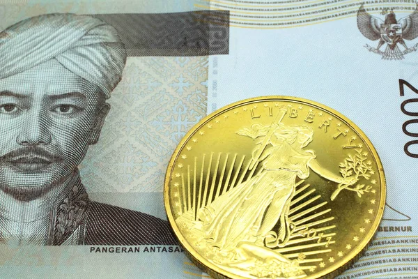 Macro Image Grey 2000 Rupiah Bank Note Indonesia Gold Coin — Stock Photo, Image