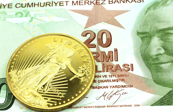 Macro Image Green Twenty Lira Note Turkey Gold Coin Shot — Stock Photo, Image
