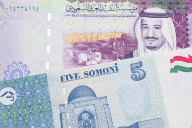 Suudi Arabistan 'dan beş riyal notuyla Tacikistan' dan beş somoni notunun yakın çekimi.