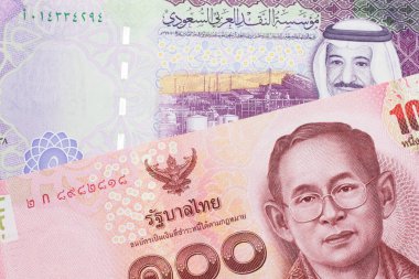 Kırmızı yüz Tayland bahtı ve Suudi Arabistan 'dan beş riyal notla birlikte, makroyu kapat.