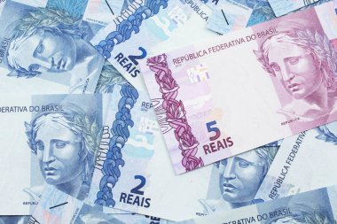 Brezilya 'dan gelen pembe bir 5 reais banknot. Makro yakın plan, Brezilya' nın gerçek banknotları.