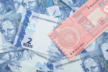 Bangladeş 'ten bangladeş' e gelen pembe bir banknotun yakın plan resmi. Makro banknotlar halinde iki reais banknot.