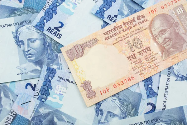 Zbliżenie Obraz Strzał Makro Pomarańczowy Dziesięć Rupii Indyjski Banknot Łóżku — Zdjęcie stockowe