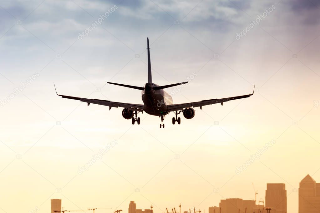 Plane landing at sunset