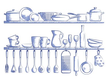 mutfak rafları ve mutfak aletleri. Elle çizilmiş karikatür doodle vektör çizim. 
