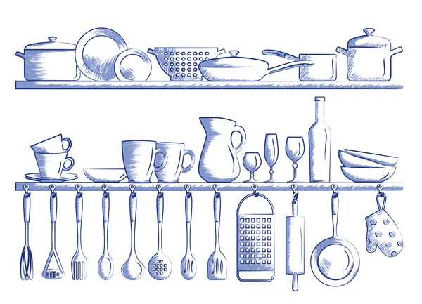 Kitchen shelves and cooking utensils. Hand drawn cartoon doodle vector illustration. — Stock Vector