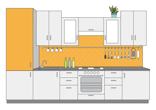 Ilustração vetorial od esboço arquitetônico interior pequena cozinha vista frontal — Vetor de Stock