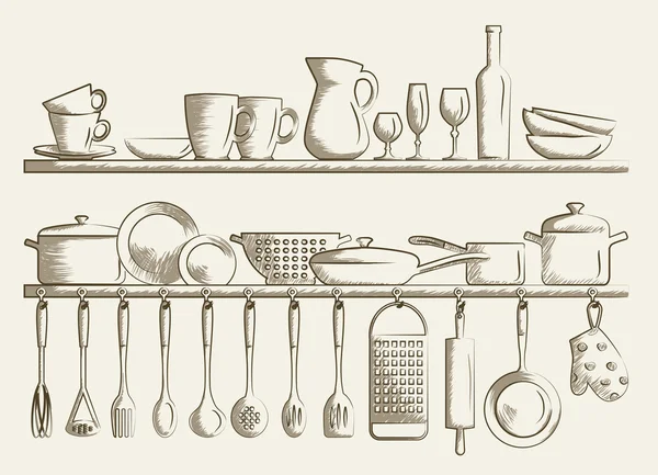 Retro keuken planken en kookgerei. Hand getrokken cartoon doodle vectorillustratie. — Stockvector