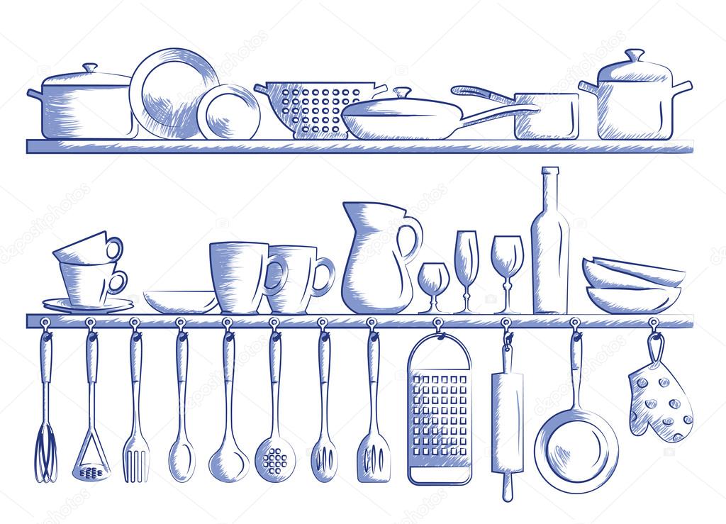 Estantes de cocina y utensilios de cocina. Dibujos animados dibujado a