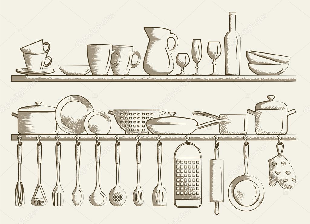 Retro kitchen shelves and cooking utensils. Hand drawn cartoon doodle vector illustration. 