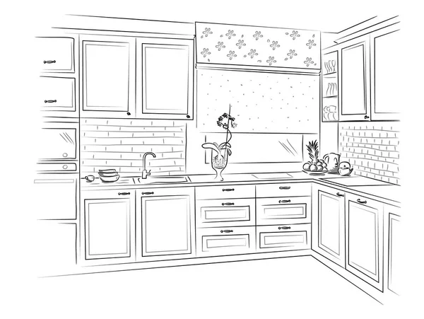 Croquis intérieur de la cuisine moderne sur fond blanc — Image vectorielle