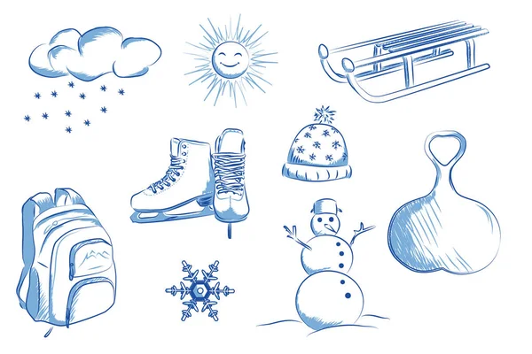 Icon set of winter objects: skates, sleds, snowman, snowflakes. Hand drawn vector illustration. — Stock Vector