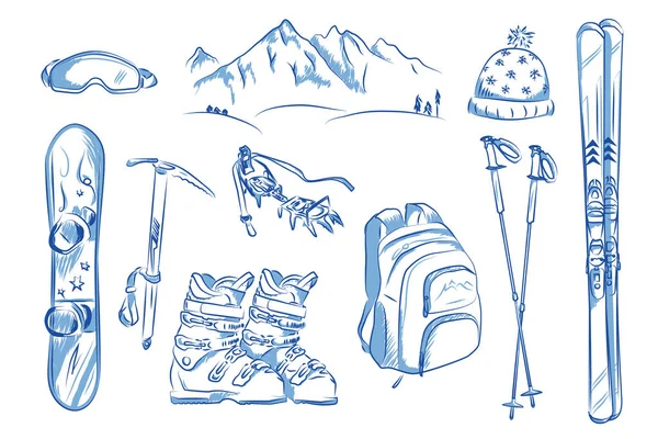 Icono conjunto de objetos de invierno: esquí, crampones, snowboard. Ilustración vectorial dibujada a mano . — Vector de stock