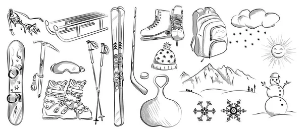 Kış nesne simge kümesi: hokey, paten, Kayak, kızaklarımız, sırt çantası, snowboard. Çizilmiş vektör çizim el.