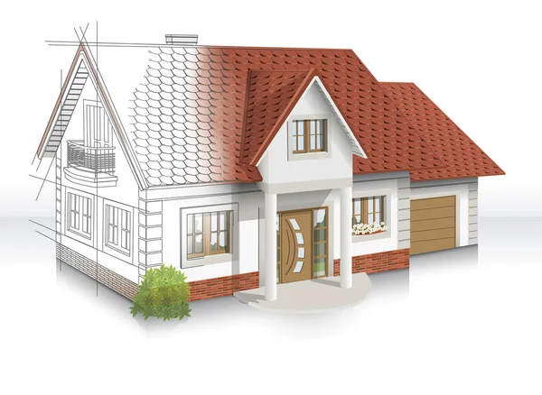 Vector Ilustración de la casa con techo de baldosas sobre un fondo blanco - concepto de proyecto — Archivo Imágenes Vectoriales