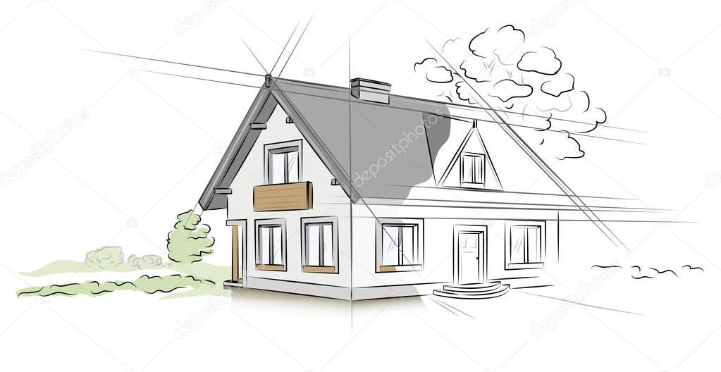 Hand drawn architectural sketch detached house