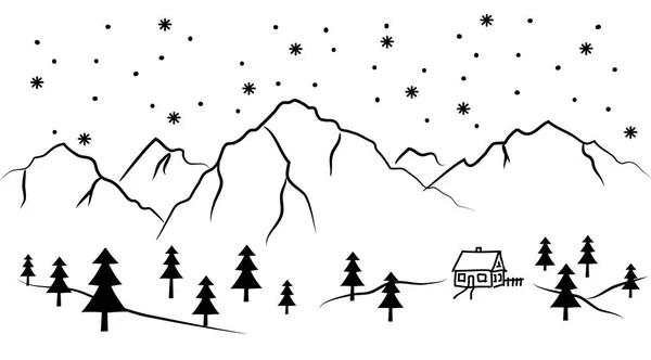雪の山と家 黒と白のベクトル図 — ストックベクタ