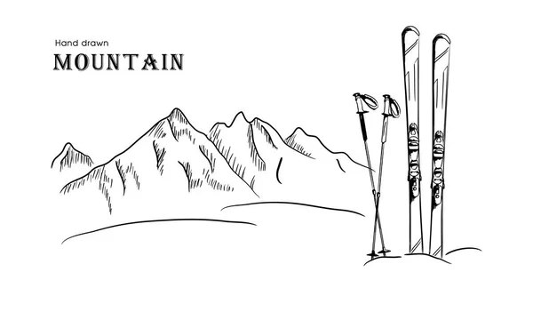 Illustration Vectorielle Paysage Noir Blanc Dessinée Main Montagne Ski — Image vectorielle