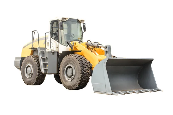 Closeup photo of big wheel loader, with isolated background — Stock Photo, Image