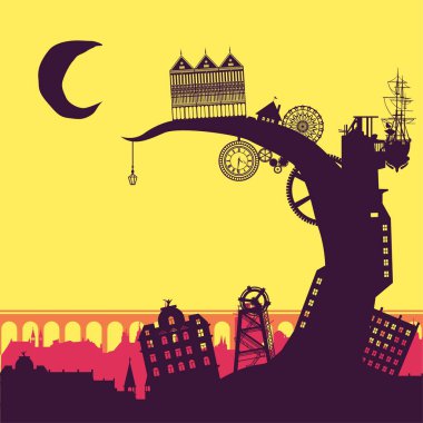 Steampunk şehir silueti arka plan zemin endüstriyel