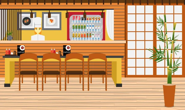Interior Del Restaurante Con Estilo Muebles Japón — Vector de stock