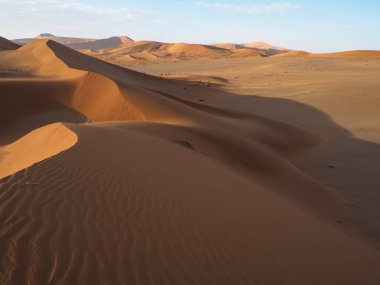Rüzgar blow kalıp paslı kırmızı kumul ile doğal eğimli ridge satırındaki geniş çöl manzara ufuk arka plan, Sossus, Namib Çölü üzerinde yumuşak gölge ile yürüme