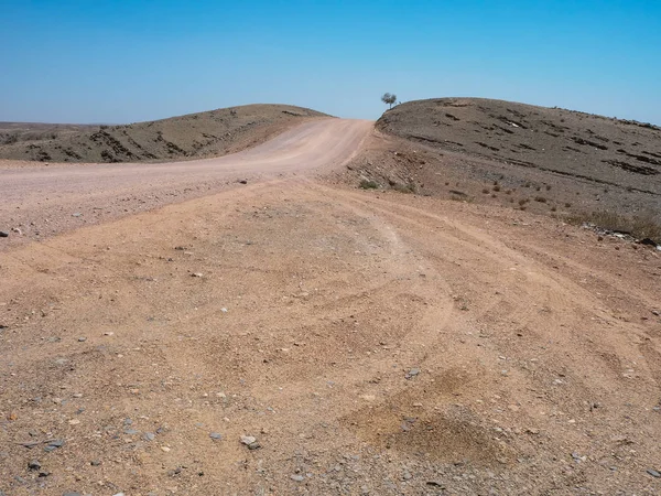 Podróż przez szorstki zakurzone droga gruntowa, z samochodu opony śledzić poprzez klimatu pustynnego suszy i skały góry krajobraz z jasnego nieba i suszone drzewa — Zdjęcie stockowe