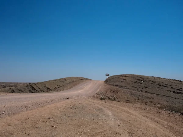 자동차 타이어 트랙 가뭄 사막 기후와 맑고 푸른 하늘 및 말린된 나무 배경 록 산 풍경 통해 거친 먼지 비포장된도 통해 여행 — 스톡 사진