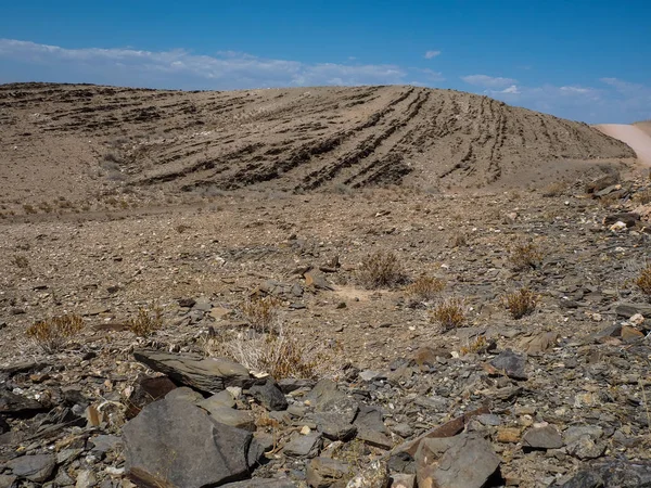Yolculuğa rock dağ yoluyla tozlu manzara arka planını Namib Çölü şeyl parçalar, diğer taş, çöl bitki ve mavi gökyüzü bölme kurutulmuş