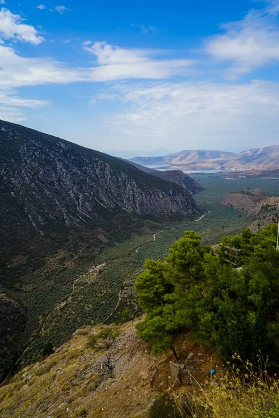 Piękny widok Parnassus góry stoku Wskazówka valley, zielone gaje oliwne przez Morze Jońskie z jasny niebieski niebo i chmury białe tło — Zdjęcie stockowe