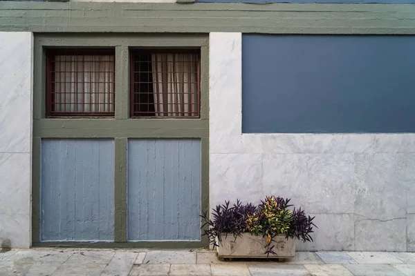 Scene of beautiful building facade background in pastel blue and warm grey paint color, white marble stone and plant pot with purple leaves — Stock Photo, Image