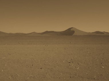 Yalnız doğal kumul eğri ridge geniş boş kuru çöl manzarası ve açık gökyüzü arka plan üzerinde yumuşak gölge ile monoton görüntü