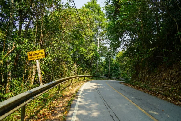 Yellow sharp curve warning road sign along local asphalt road through natural green forest mountain