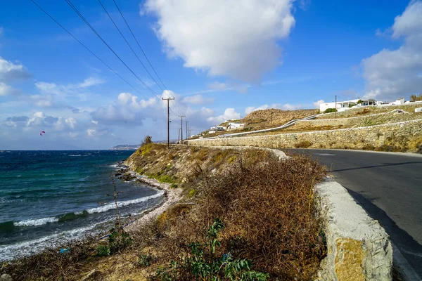 Lungomare Strada Asfaltata Lungo Oceano Blu Korfos Baia Spiaggia Con — Foto Stock