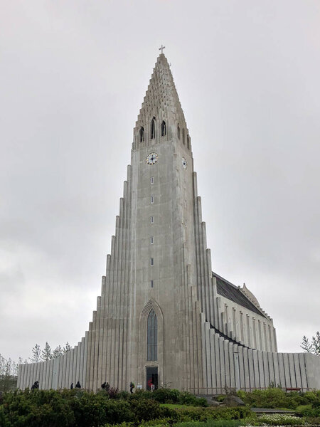 REYKJAVIK, ICELAND - July 2, 2018: Hallgrimskirkja, a Lutheran parish church. Cathedral building with concrete facade.