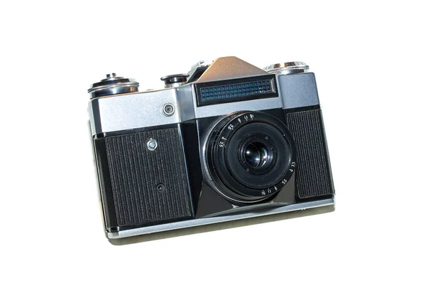 Retro Slr Film Fotokamera Frontansicht Auf Weißem Hintergrund Analoge Vintage — Stockfoto
