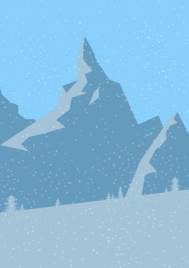 Noel kompozisyonu, kartpostallar, selamlama, reklam, kapak, hediye paketi, web tasarım şablonu, kış tatili kartı tasarımı kavramını kullanarak düşen kar, dağ ve Noel ağaçlarının mavi tonda resmedilmesi.