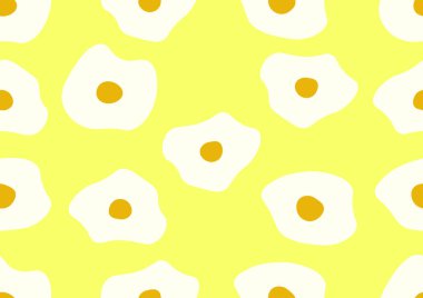 Sarı arka planda izole edilmiş kusursuz sahanda yumurta deseni. Tekstil baskısı için arka planı tekrarlayan besin geometrik vektörü, sayfa doldur.