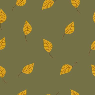 Kusursuz el çizimi kalıbı düşen sonbahar yaprakları yeşil zeytin ve sarı arkaplan tonlarında izole edilmiş, doğal kalıpları tekrarlayan kavram.