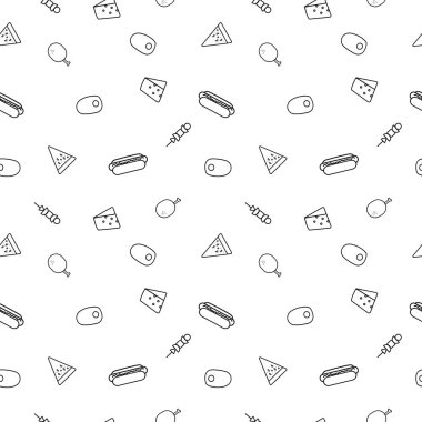 Pizzanın, sosislinin, kızarmış tavuğun, ızgaranın, kızarmış yumurtanın ve peynirin beyaz arka planda siyah ince çizgide çizildiği el çizimi..