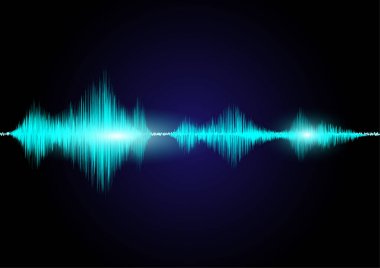 Ses dalgaları mavi tonda titreşen parlak ışık siyah zemin üzerinde, teknoloji dijital sıçrama veya patlama konsepti, müzik üretiminde neon ses dalgaları.