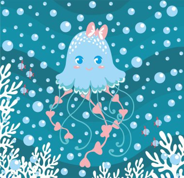 Bir çizim arka planı bubbles ve deniz şirin bir meduson ile. Tebrik kartları, duvar kağıdı, hediye kağıt, web, tekstil, arka plan, kış dekorasyonları için mükemmel.