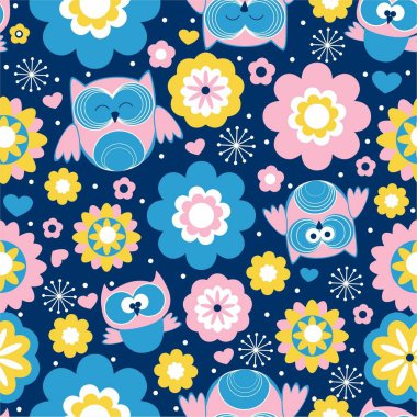 Çocuklar için komik çok renkli baykuş ile Seamless modeli. Vektör çizim. Tebrik kartları, duvar kağıdı, hediye kağıt, web, tekstil, arka plan için mükemmel