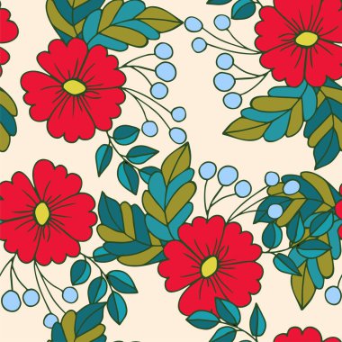 Vektörsüz çiçek deseni. Şekil verilmiş papatya çiçekleri, menekşeler, böğürtlenler, yapraklar. El ele tutuşarak. Kağıt, hediye ve tekstil ürünleri için ideal.