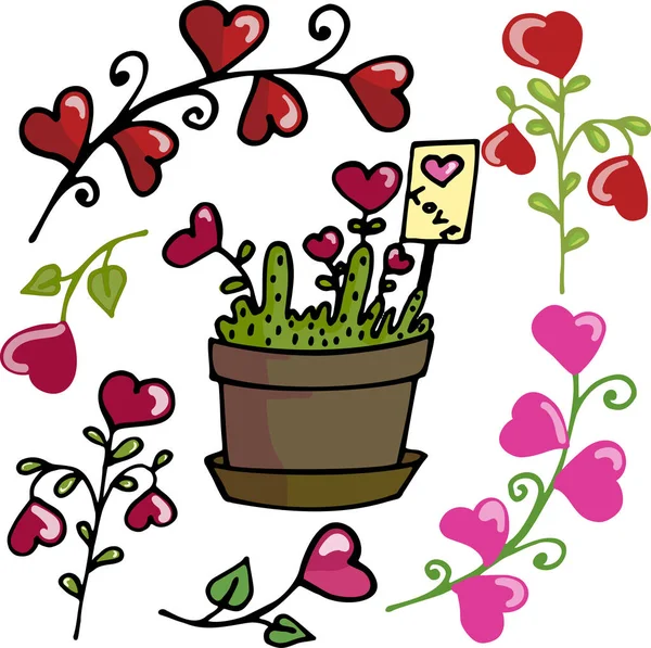 Векторная Иллюстрация Веток Сердцами Цветочный Горшок Любовью Элементы Дню Святого — стоковый вектор