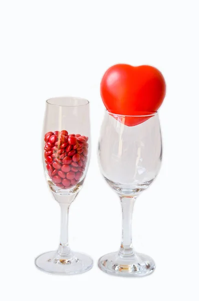 Red Pill Glass Red Heart White Background — Stock Photo, Image
