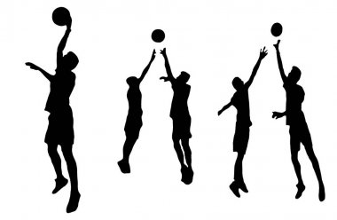 Beyaz arka plan üzerinde basketbol oynarken adam silüeti