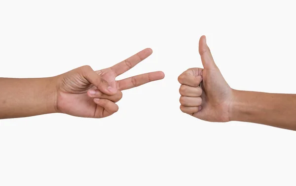 Daumen Für Positives Und Zwei Finger Konzept Auf Weißem Hintergrund — Stockfoto