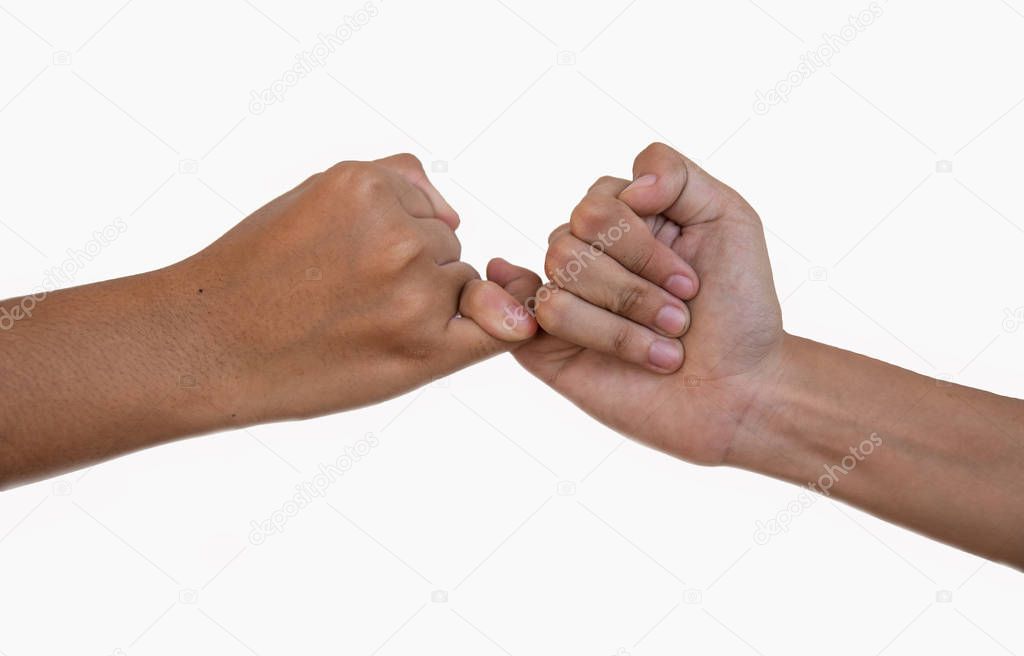 hands making promise  a friendship concept on white background