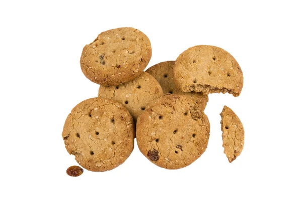 Biscuits à l'avoine aux raisins secs et aux amandes sur le dessus isolés au fouet — Photo